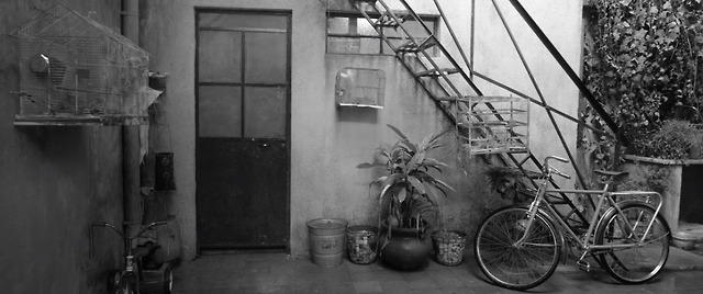 An empty courtyard with metal stairs and some potted plants near a door. The setting is simple, with a sense of quietness.