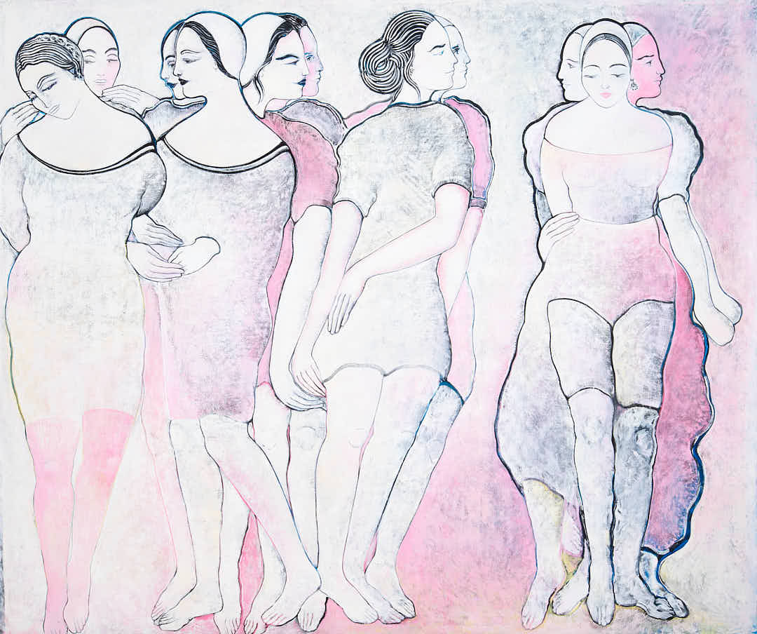 Painting by Sofia Cacciapaglia showing intertwined female figures in soft pink and grey tones, exploring harmony and movement in nature.