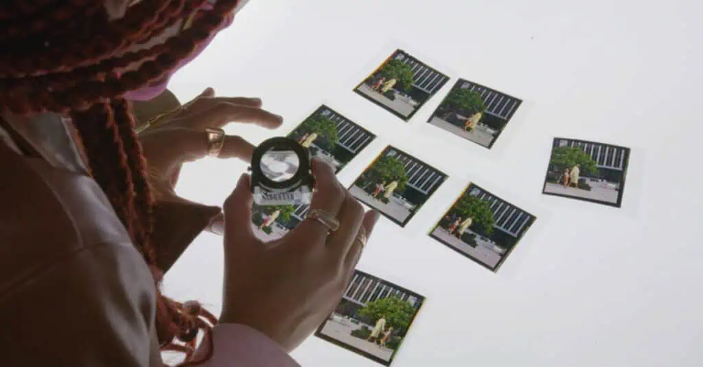 Scene from Seeking Mavis Beacon (2024) showing hands examining printed photographs under a magnifier, exploring digital history and representation.