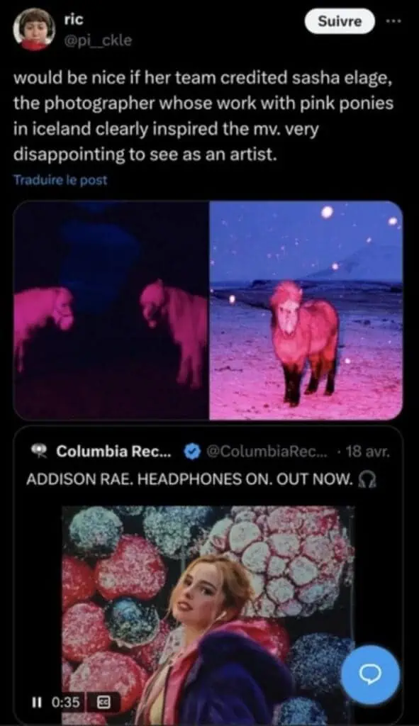 Twitter screenshot criticizing Addison Rae for not crediting Sasha Elage’s pink pony photography as visual reference