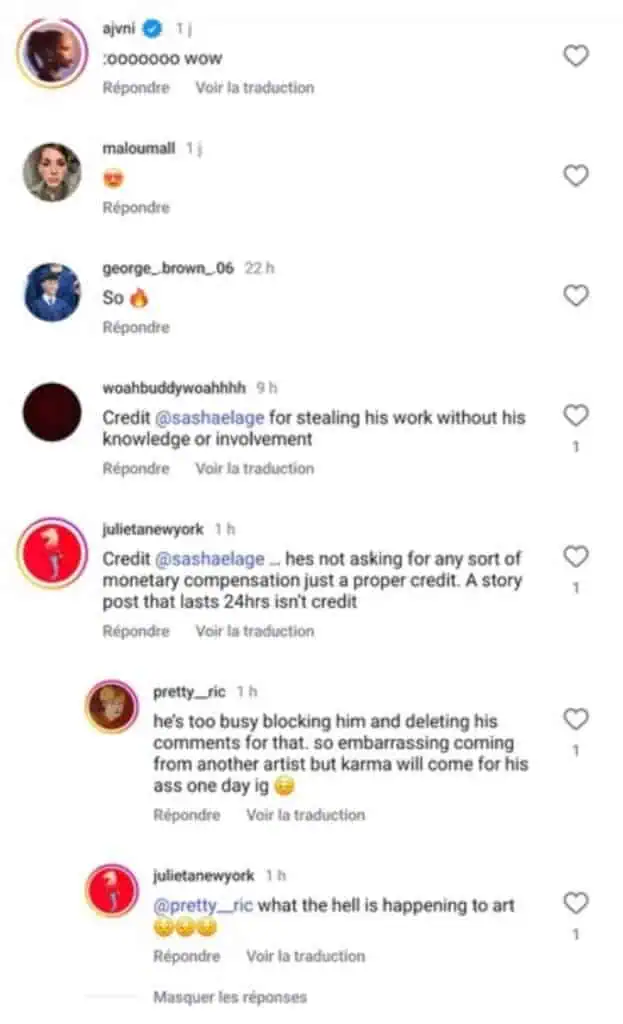 Comments on Instagram accusing Addison Rae’s team of not crediting Sasha Elage for creative reference
