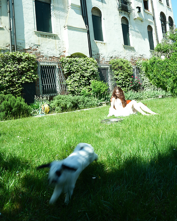 A girl in a white dress and a white rabbit running