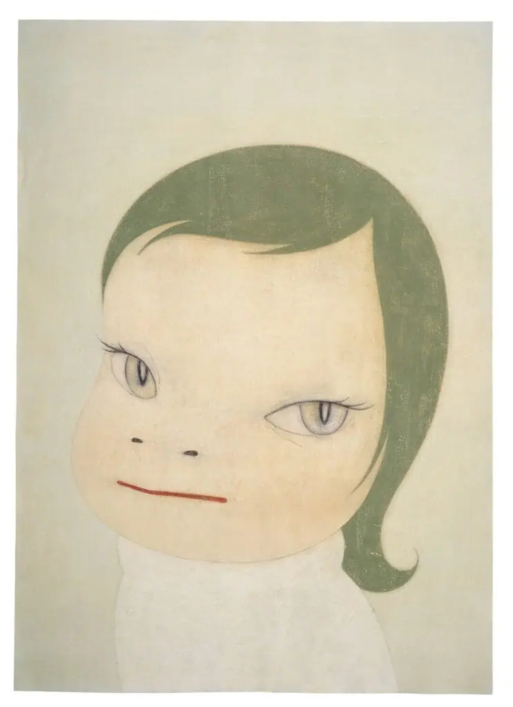 Yoshitomo Nara “Missing in Action,” pale-faced child portrait with subtle smile, modern Japanese pop art.