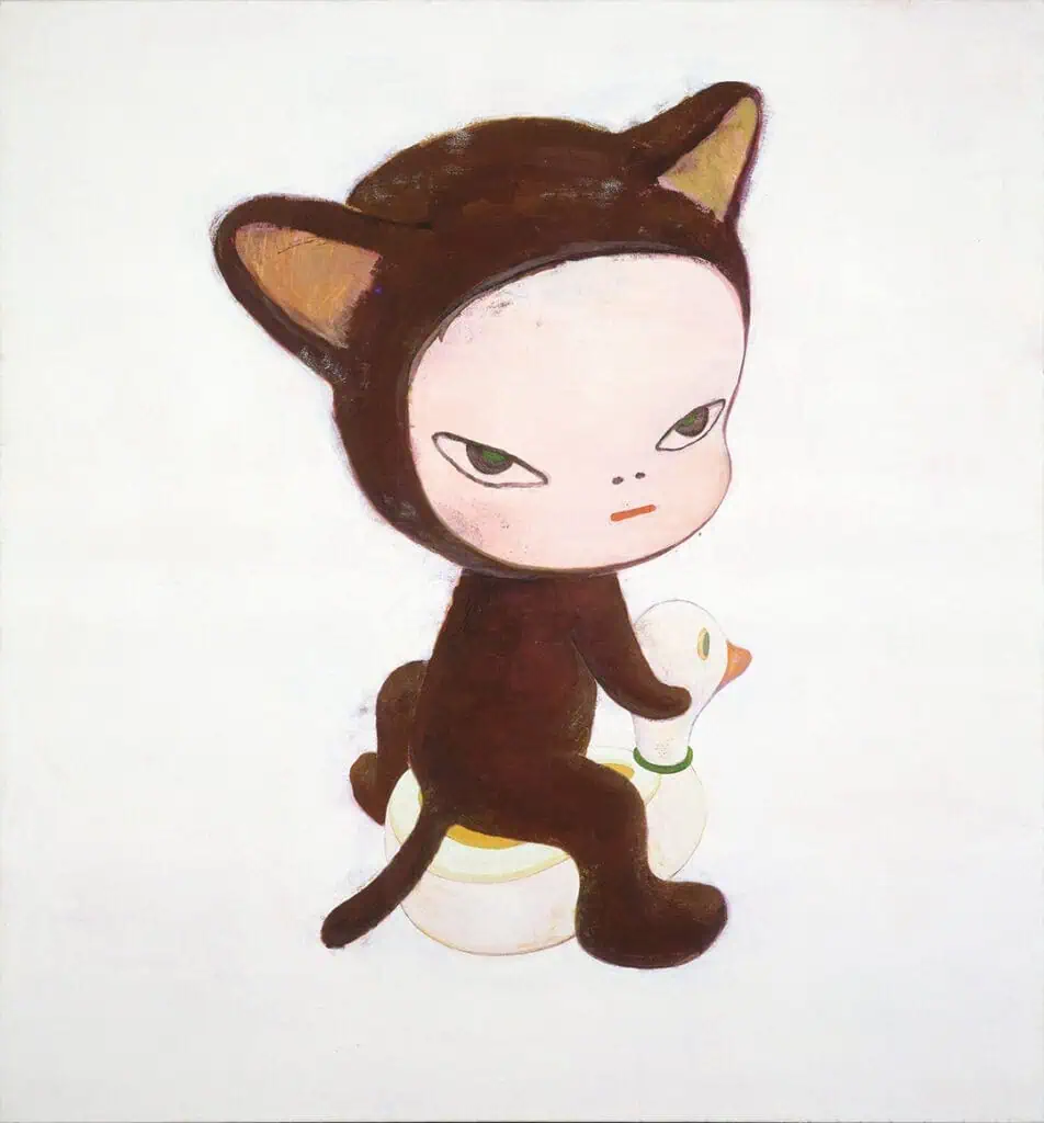 Yoshitomo Nara artwork “Harmless Kitty,” child in cat costume on duck toy, pop art meets kawaii surrealism.