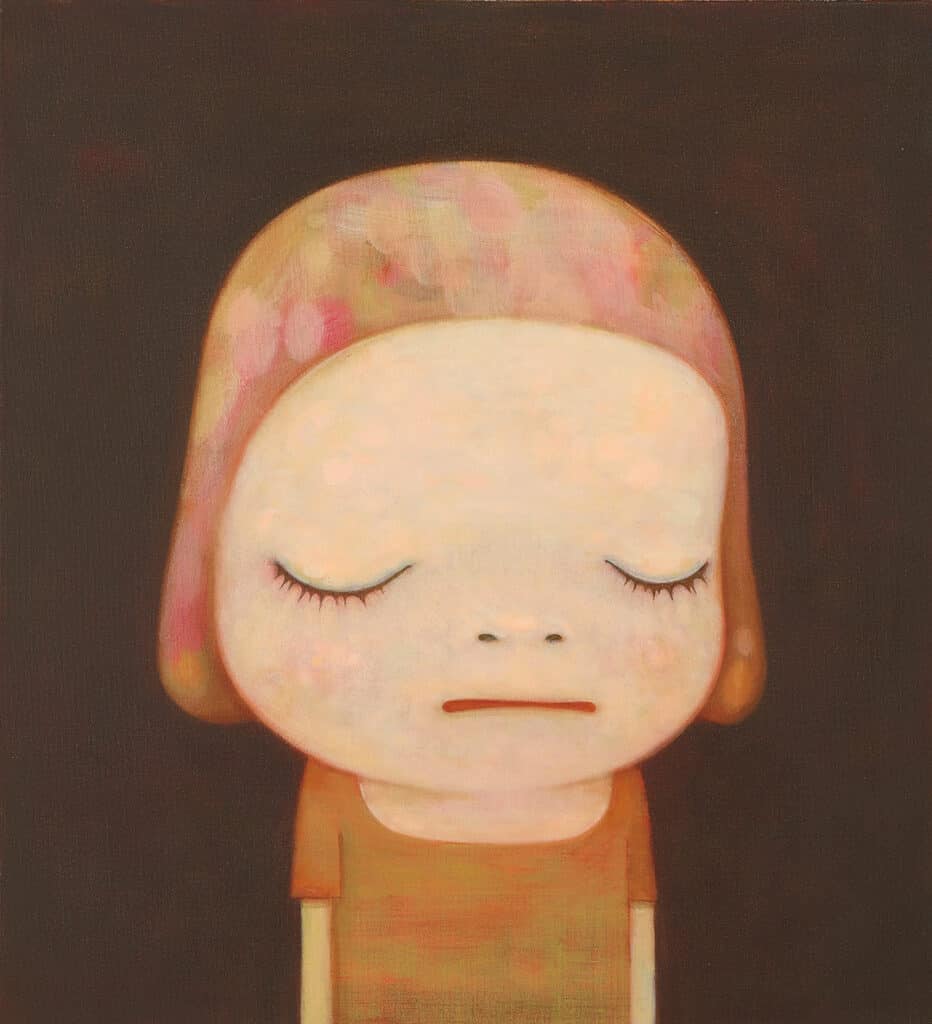 Yoshitomo Nara “Dead of Night,” acrylic portrait of childlike figure with closed eyes, minimalist dark background.