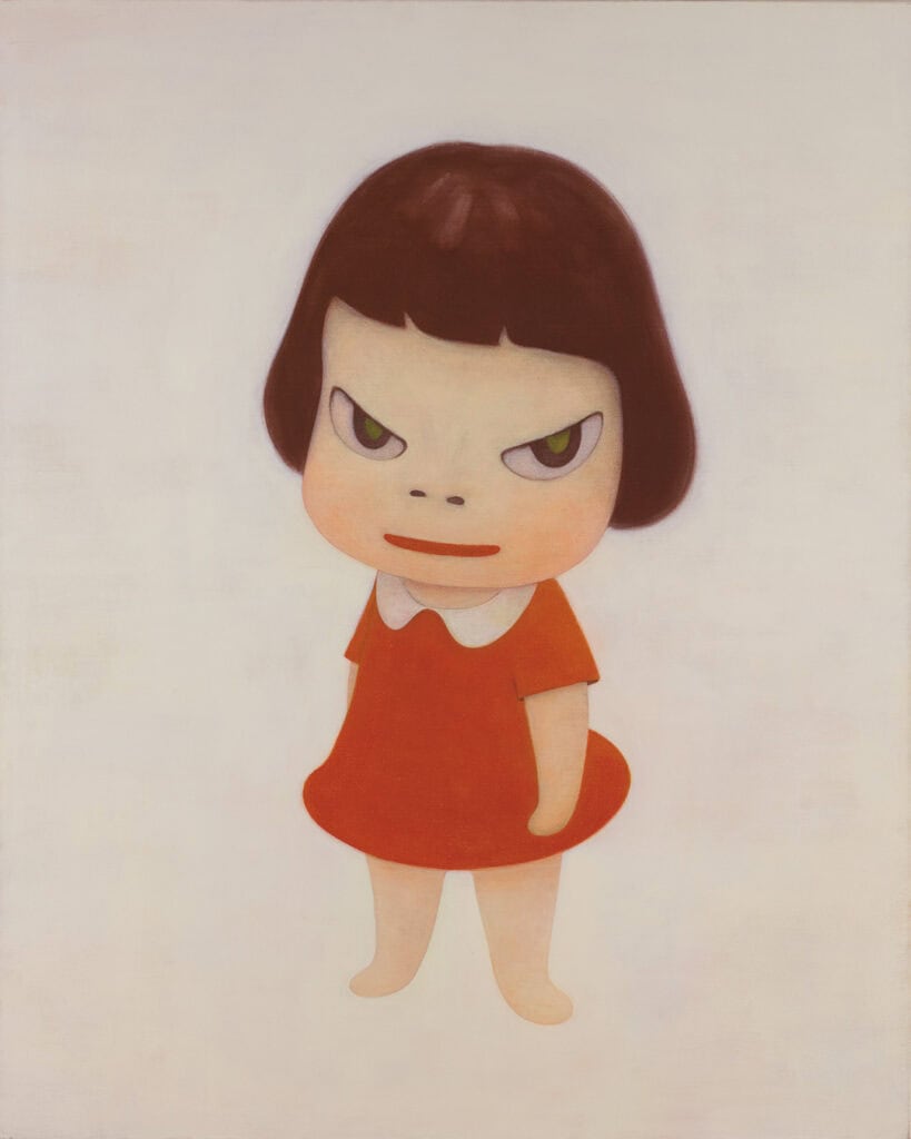 Yoshitomo Nara “Miss Moonlight,” acrylic painting of fierce-eyed girl in red dress, iconic Japanese pop expressionism.