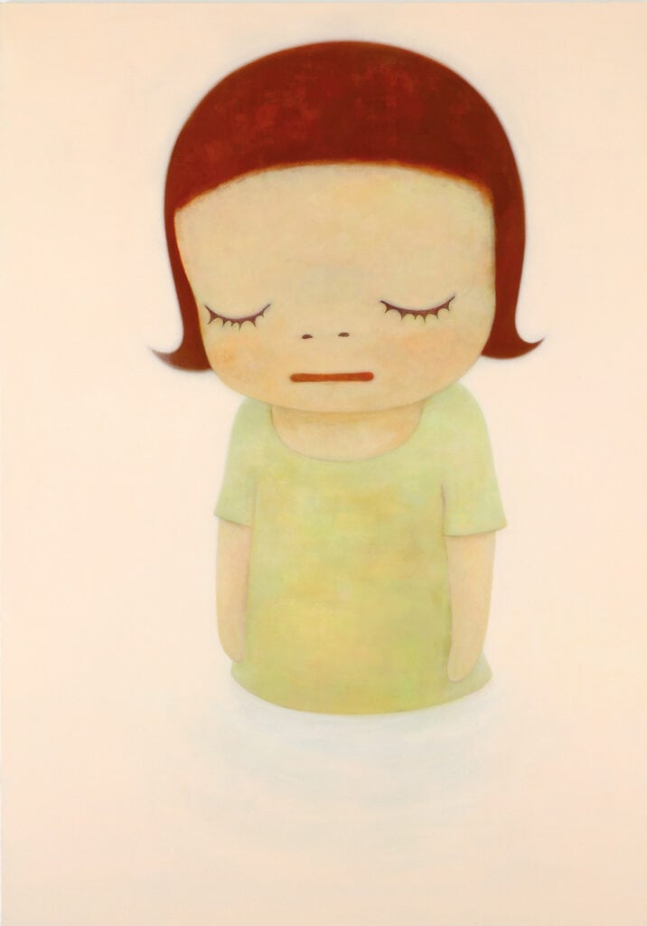 Yoshitomo Nara pastel-toned painting of pensive girl with closed eyes, contemporary Japanese pop art.