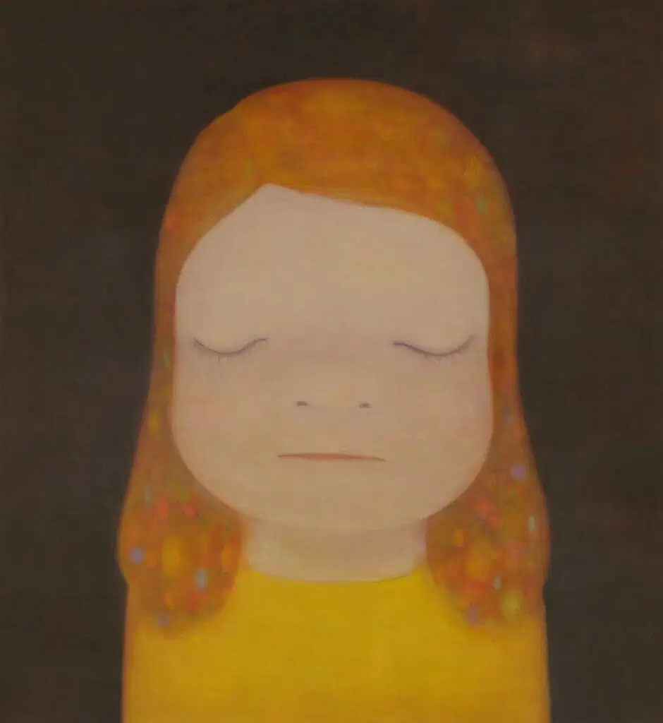 Yoshitomo Nara painting “In the Milky Lake: Thinking One,” serene figure with orange hair and closed eyes.