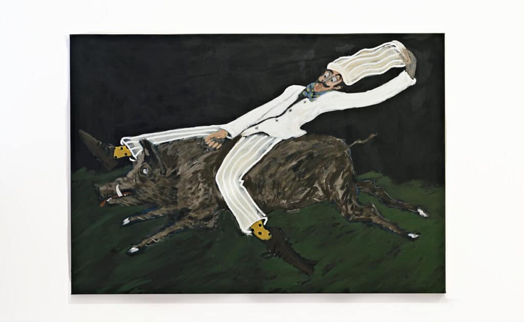 Jack Penny painting of a chef riding a wild boar, shown in the ‘Kitchen of Earthly Delights’ exhibition.