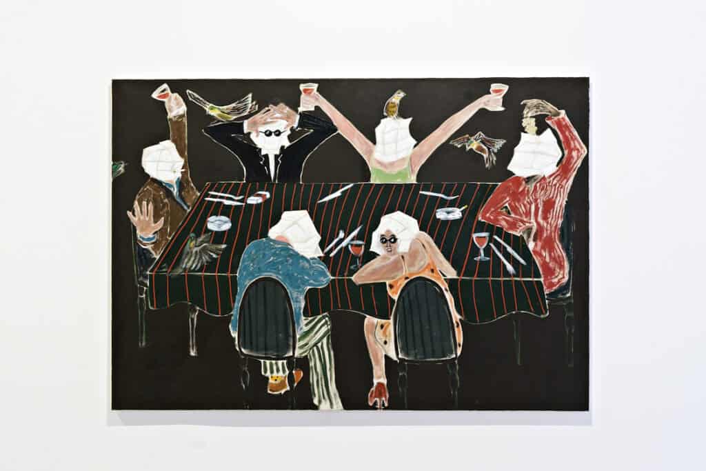 Painting by Jack Penny featuring distorted dinner guests around a table, exhibited in ‘Kitchen of Earthly Delights’