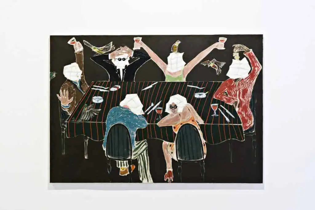 Painting by Jack Penny featuring distorted dinner guests around a table, exhibited in ‘Kitchen of Earthly Delights’