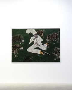 Jack Penny artwork depicting a chef surrounded by wild boars in a dark green landscape.