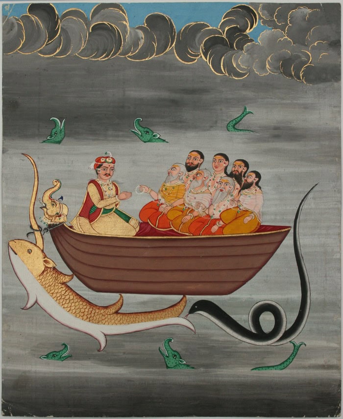 Traditional Indian painting of Vishnu as a golden horned fish pulling a boat with Manu and the seven sages, Jaipur c.1890.