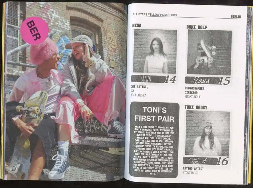 Berlin creatives Nina, Domi Wolf, and Toni Agost featured in the All Stars Yellow Pages 2025 zine.