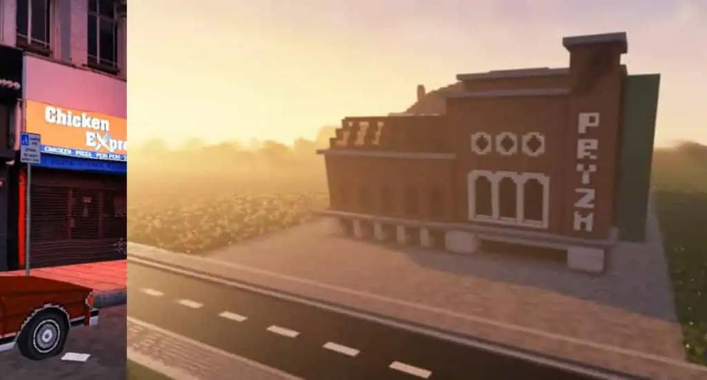 Split-screen showing pixelated scenes, with Chicken Express on the left and a Minecraft-style building labeled PRYZM on the right at sunset