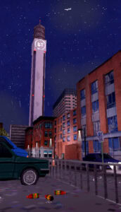 Pixelated night scene with BT Tower under a starry sky, urban surroundings, and soda bottles littered on the wet ground near parked cars