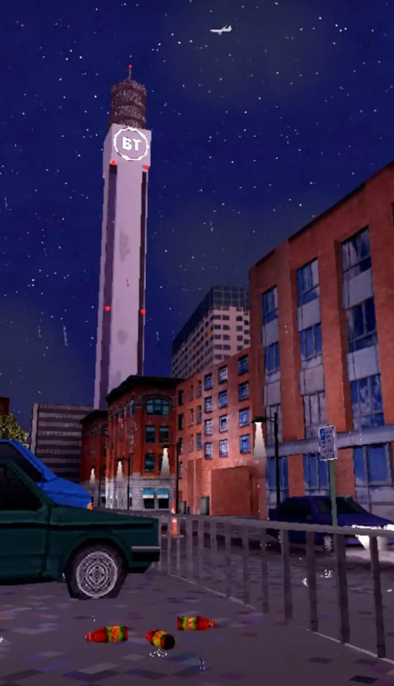 Pixelated night scene with BT Tower under a starry sky, urban surroundings, and soda bottles littered on the wet ground near parked cars