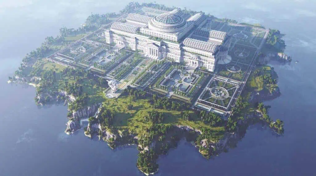 Large Minecraft-style palace complex situated on an island surrounded by water, with detailed gardens and domes, viewed from above