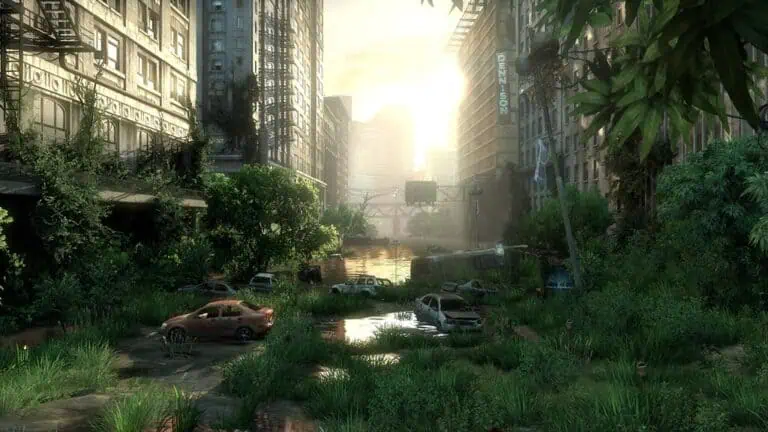 Overgrown post-apocalyptic city street with abandoned cars and buildings reclaimed by nature, inspired by The Last of Us