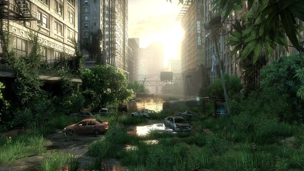 Overgrown post-apocalyptic city street with abandoned cars and buildings reclaimed by nature, inspired by The Last of Us