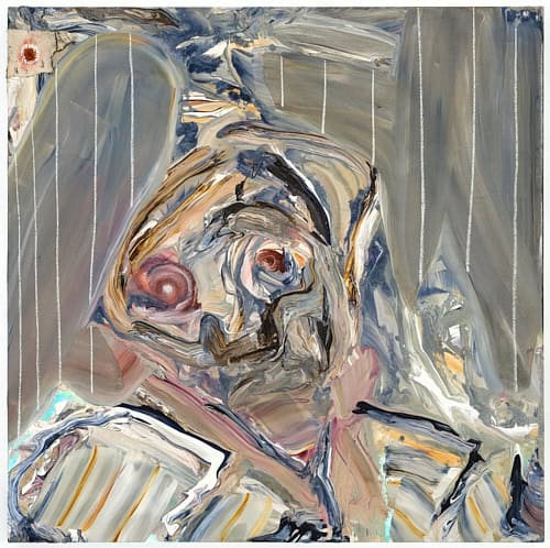 Expressive abstract artwork “The presence” (2025) by Manuel Mathieu, painted in muted blues, greys, and flesh tones.