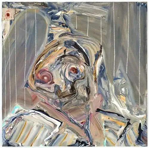 Expressive abstract artwork “The presence” (2025) by Manuel Mathieu, painted in muted blues, greys, and flesh tones.