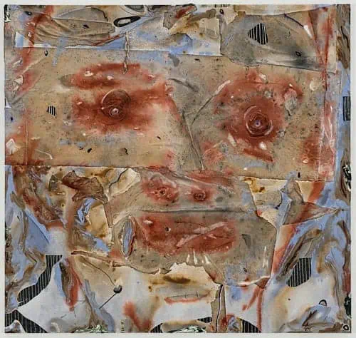Abstract mixed-media painting “Self preservation” (2025) by Manuel Mathieu, featuring layered textures and red organic markings.