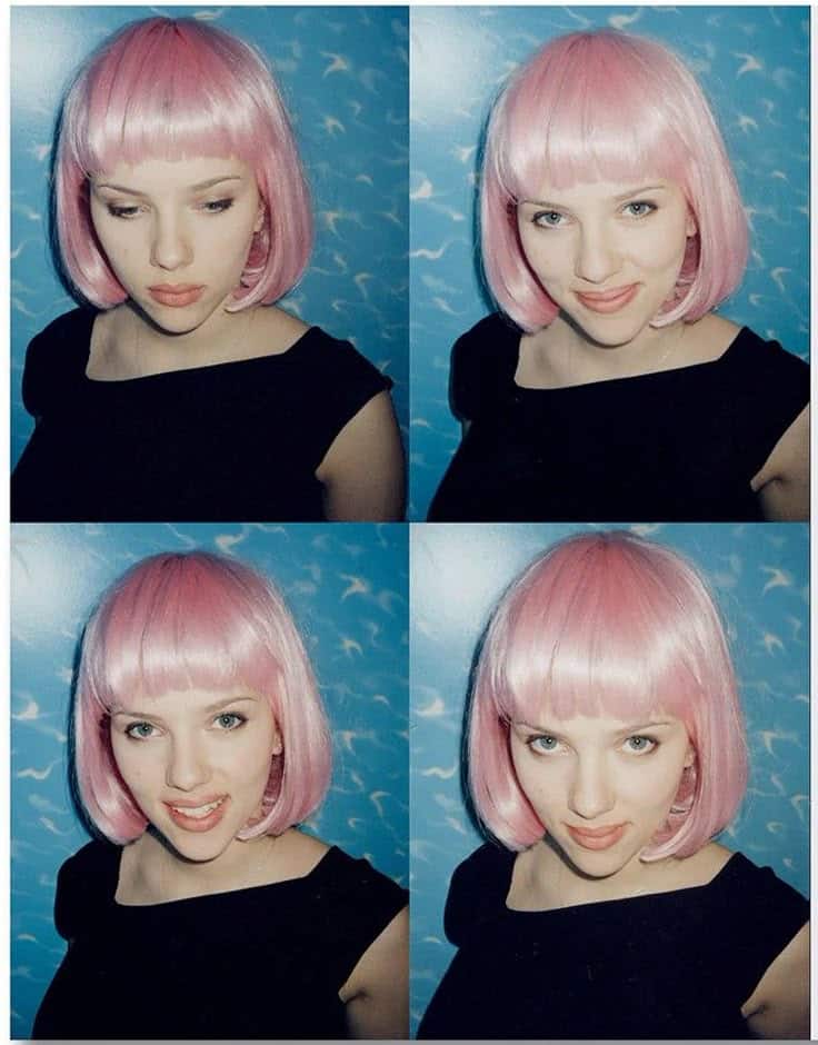 Four-photo grid from Lost in Translation archive showing a woman in a short pink wig against a blue patterned wall, expressing varied emotions.