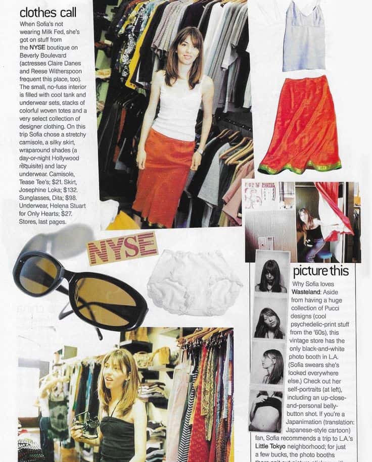 Vintage magazine collage featuring Sofia Coppola browsing clothing racks, styled in early 2000s fashion, with NYSE logo and shopping tips.