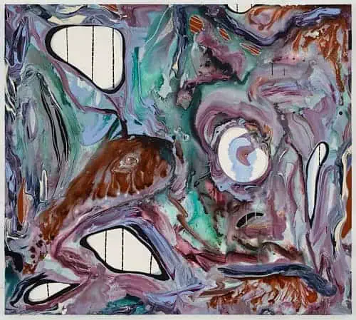Colorful swirling abstract painting “Pensée rouge” (2025) by Manuel Mathieu with bold purples, greens, and a central eye-like form.