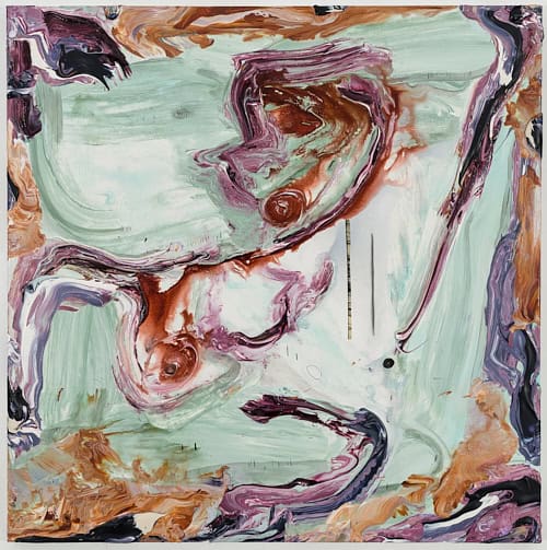 Fluid abstract painting “Stitching us back together” (2025) by Manuel Mathieu mixing mint green, burgundy, and brown forms.