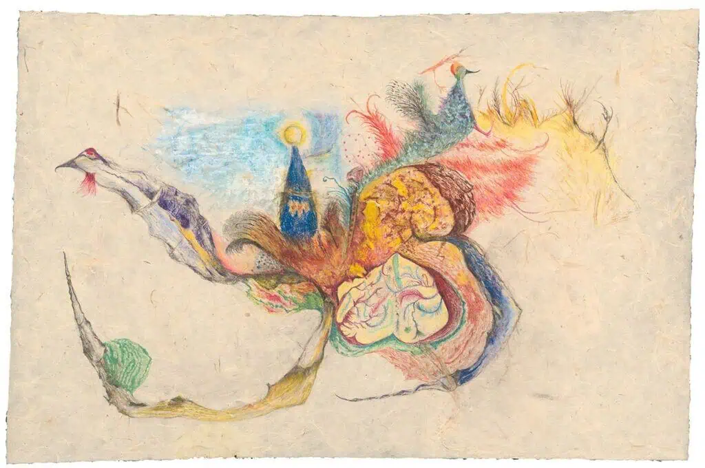Colorful surrealist drawing by Valentina Bartolini depicting dreamlike creatures and flowing organic shapes from her Studio Meditation collection.