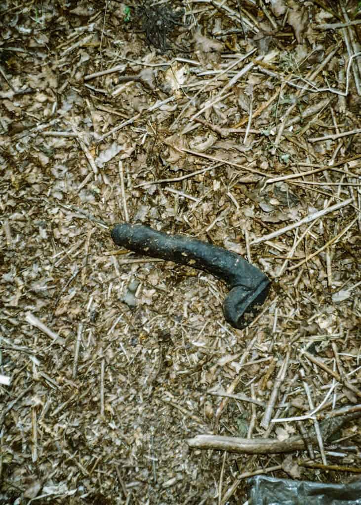 Abandoned black dildo lying on dry leaves, found object documented for Jack Scollard’s “Cruising Archaeology” and featured in Cold Magazine.