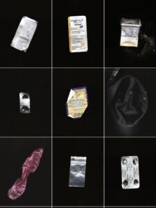Scanned collage of found objects from queer cruising sites — condoms, wrappers, and poppers — part of Jack Scollard’s “Cruising Archaeology” project, featured in Cold Magazine article on queer archives.