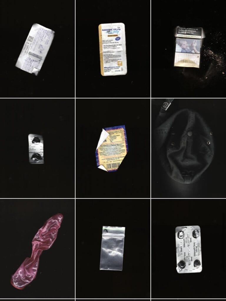 Scanned collage of found objects from queer cruising sites — condoms, wrappers, and poppers — part of Jack Scollard’s “Cruising Archaeology” project, featured in Cold Magazine article on queer archives.