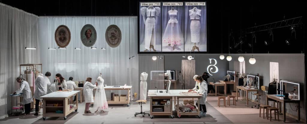 Stage set of Caroline Guiela Nguyen’s LACRIMA showing artisans in white coats working on wedding dress designs inside an illuminated atelier.