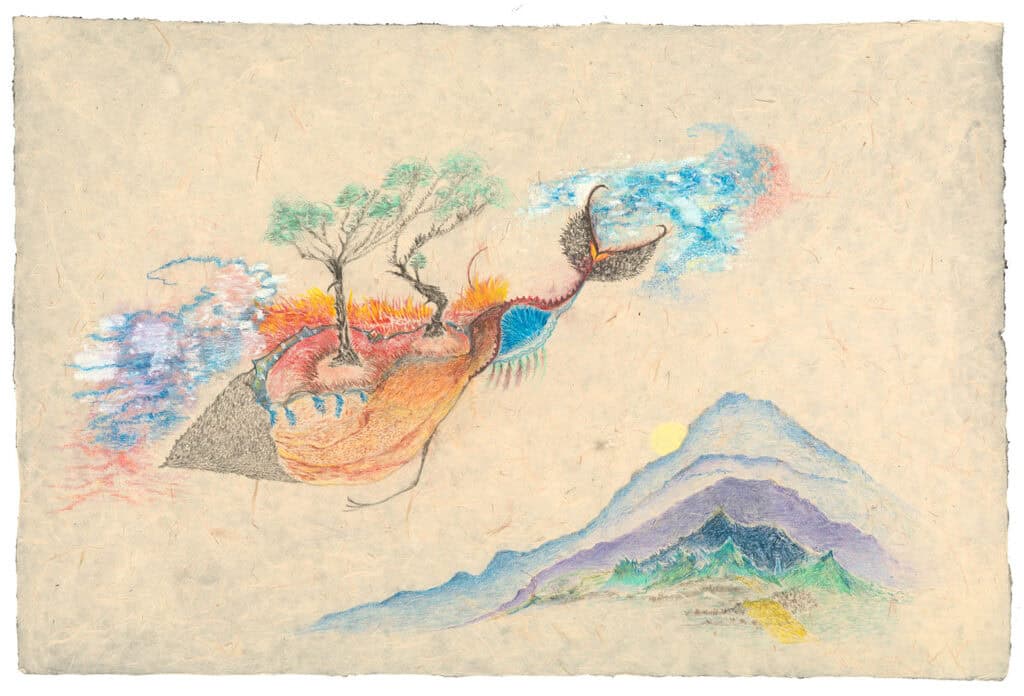 Dreamlike artwork by Valentina Bartolini showing floating landscapes and abstract nature elements, from her Studio Meditation series.