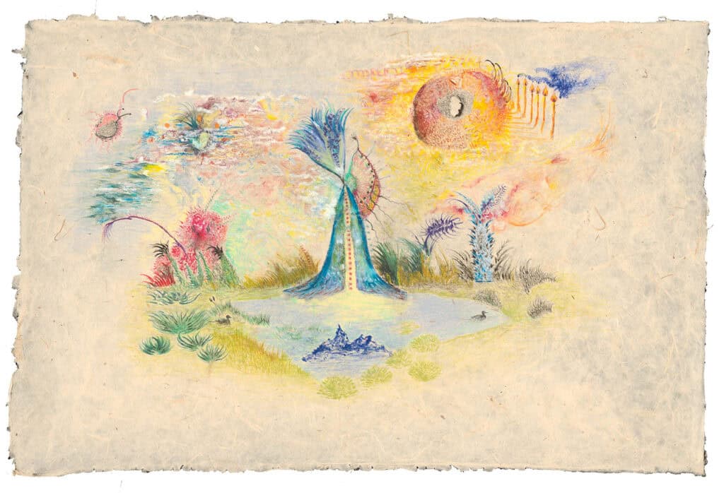 Surreal landscape artwork by Valentina Bartolini featuring organic forms, abstract plants, and a radiant sun, part of her Studio Meditation series.