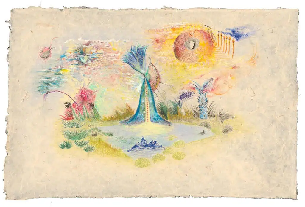 Surreal landscape artwork by Valentina Bartolini featuring organic forms, abstract plants, and a radiant sun, part of her Studio Meditation series.