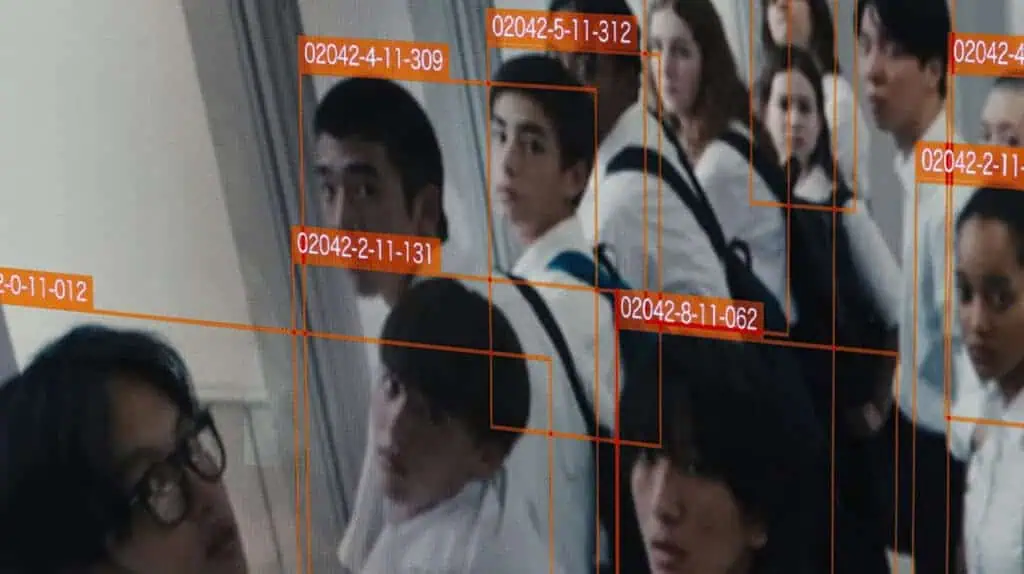 Students captured by facial recognition software in a dystopian Tokyo from Happyend.