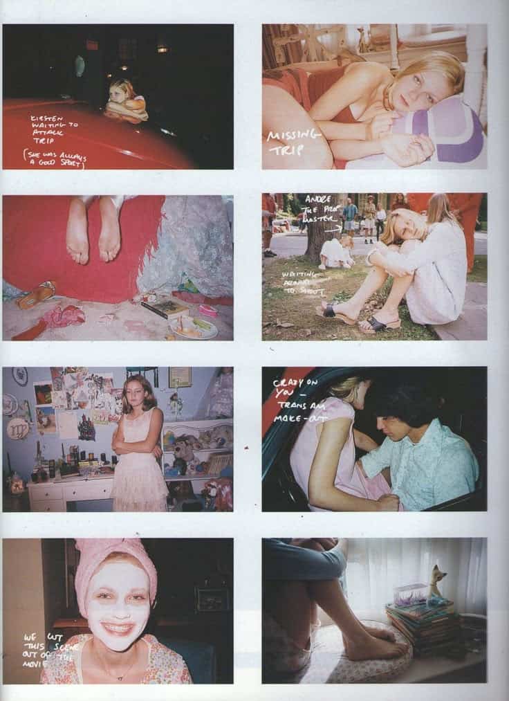 Contact sheet from The Virgin Suicides archive featuring behind-the-scenes Polaroids of cast members with handwritten notes and candid moments.
