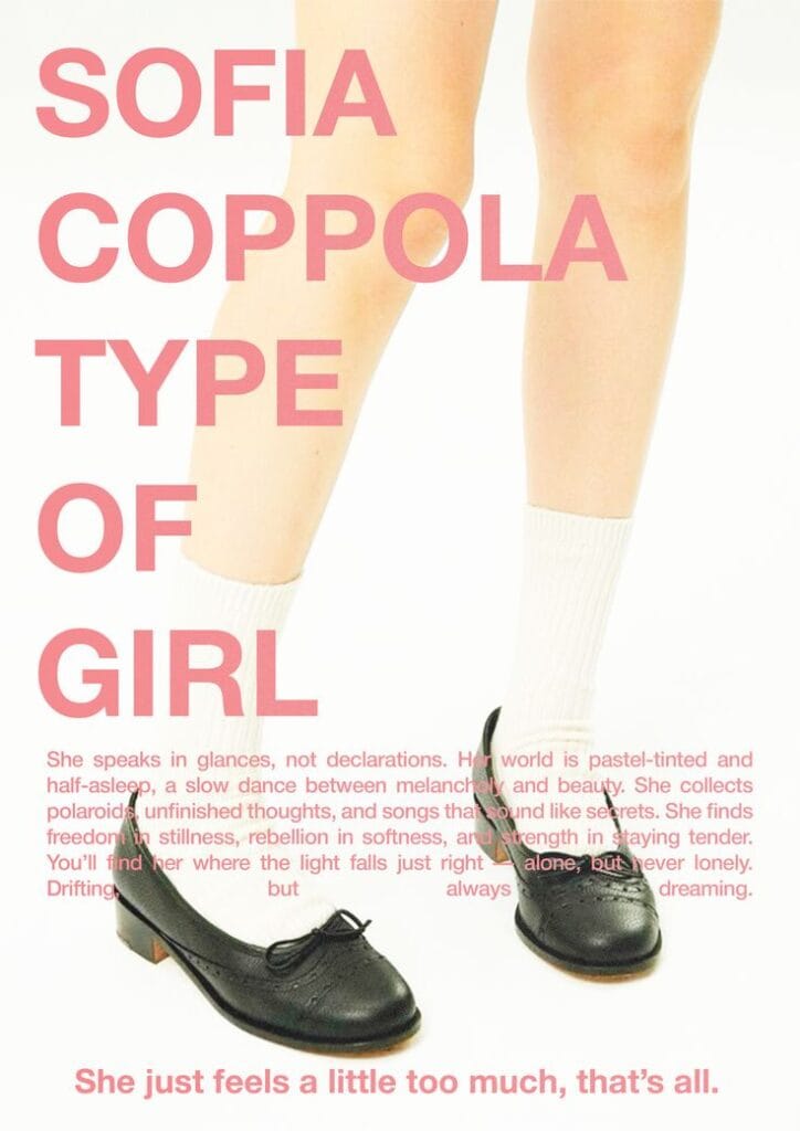 Pinterest-style collage titled “Sofia Coppola Type of Girl” featuring close-up of legs in socks and Mary Jane shoes with pink text overlay.