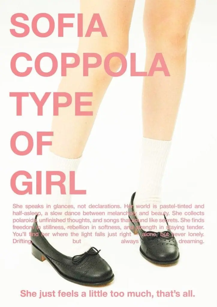 Pinterest-style collage titled “Sofia Coppola Type of Girl” featuring close-up of legs in socks and Mary Jane shoes with pink text overlay.
