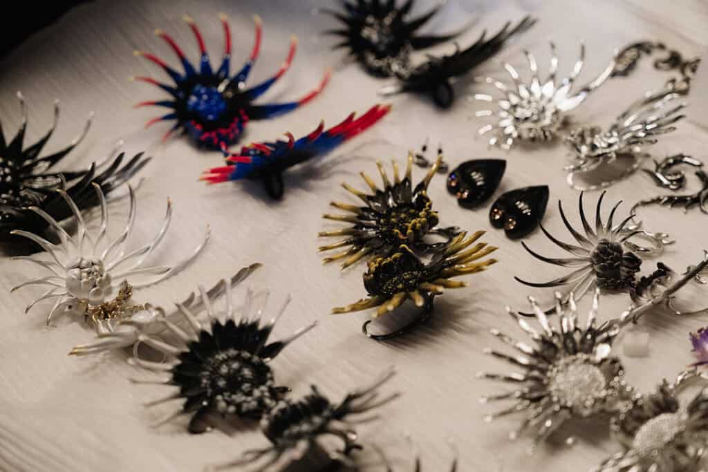 Handcrafted spiked and biomorphic metal accessories from the Hengdi Wang x STIM Precious Metals collaboration, inspired by cosmic transformation.