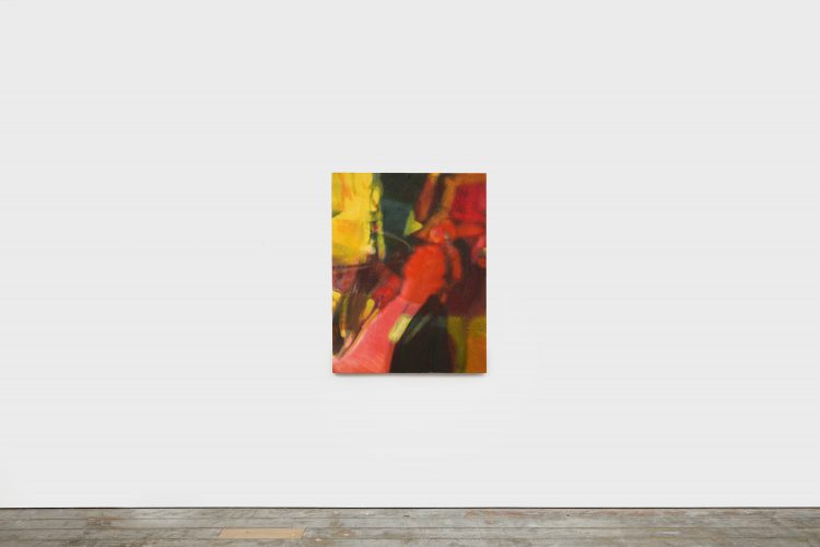 Warm-hued abstract painting from Nana Wolke’s “Nothing Left to Want” series, displayed against a white gallery wall.