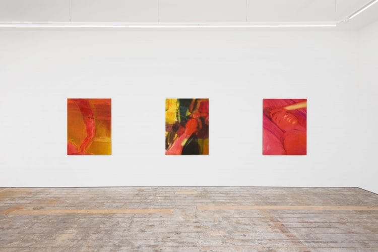 Three warm-hued abstract paintings from Nana Wolke’s “Nothing Left to Want” series installed in a row on a gallery wall, creating a cohesive visual sequence.