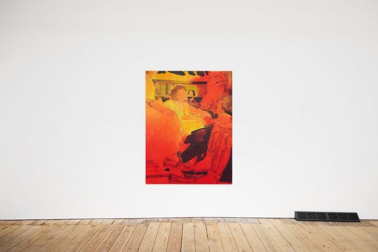 Large warm-toned abstract painting from Nana Wolke’s “Nothing Left to Want” series displayed against a white gallery wall with wooden flooring.