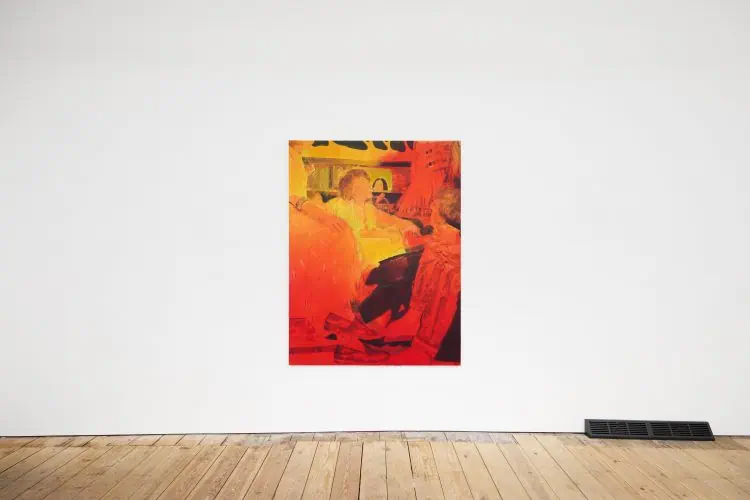 Large warm-toned abstract painting from Nana Wolke’s “Nothing Left to Want” series displayed against a white gallery wall with wooden flooring.