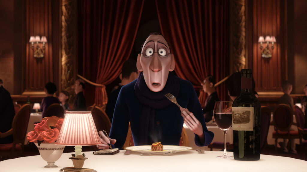 Animated food critic reacting emotionally while tasting a beautifully plated ratatouille dish in a fine-dining restaurant scene from “Ratatouille” (2007)