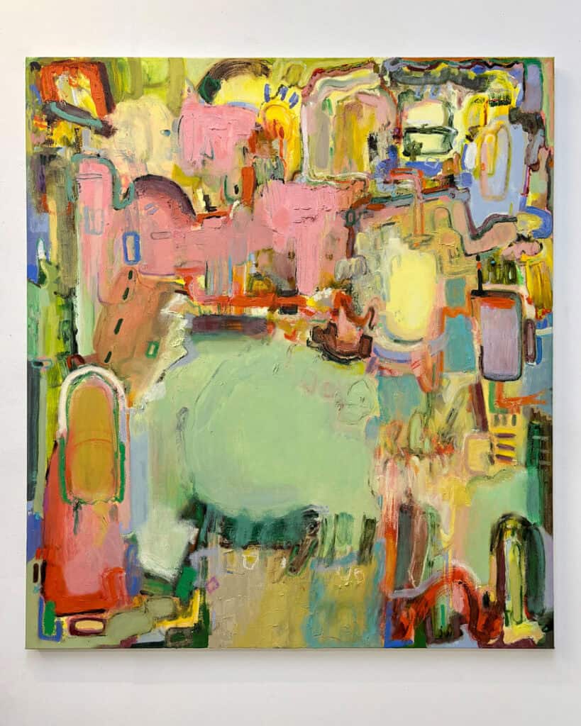 Abstract oil painting Give Way by Bunny Hennessey featuring gestural brushwork and overlapping shapes in warm pink, orange, and green tones.